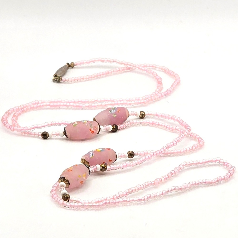 Lampwork Glass Bead Necklace Vintage Venetian Style‎ Pink 33" Inch Barrel Clasp